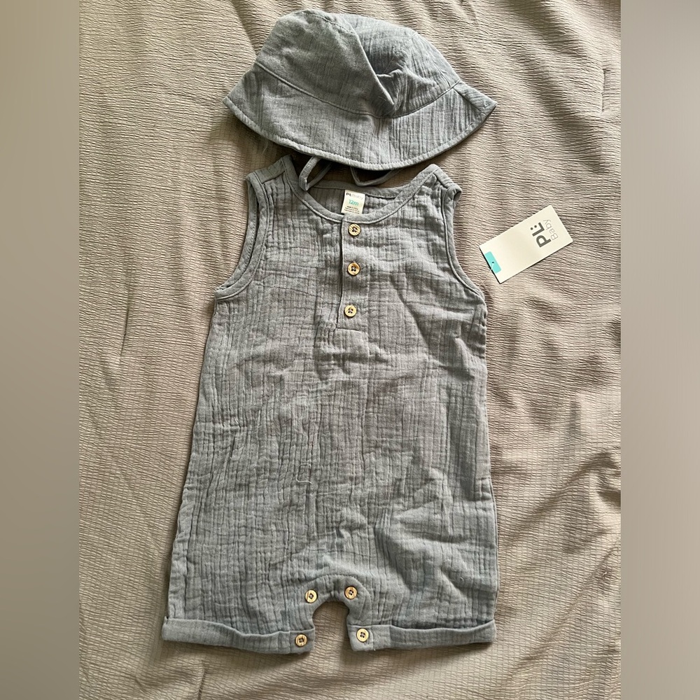Baby Boy's 2-Piece Crinkle Romper & Bucket Hat Set
